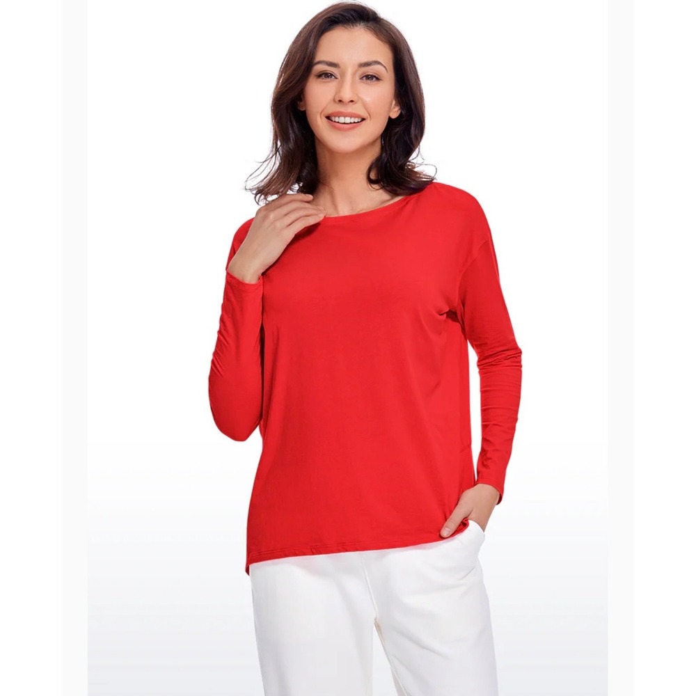 CRZ Yoga Pima Cotton Boat Neck Long Sleeve Shirt Top Deep Red Size‎ Large NWT